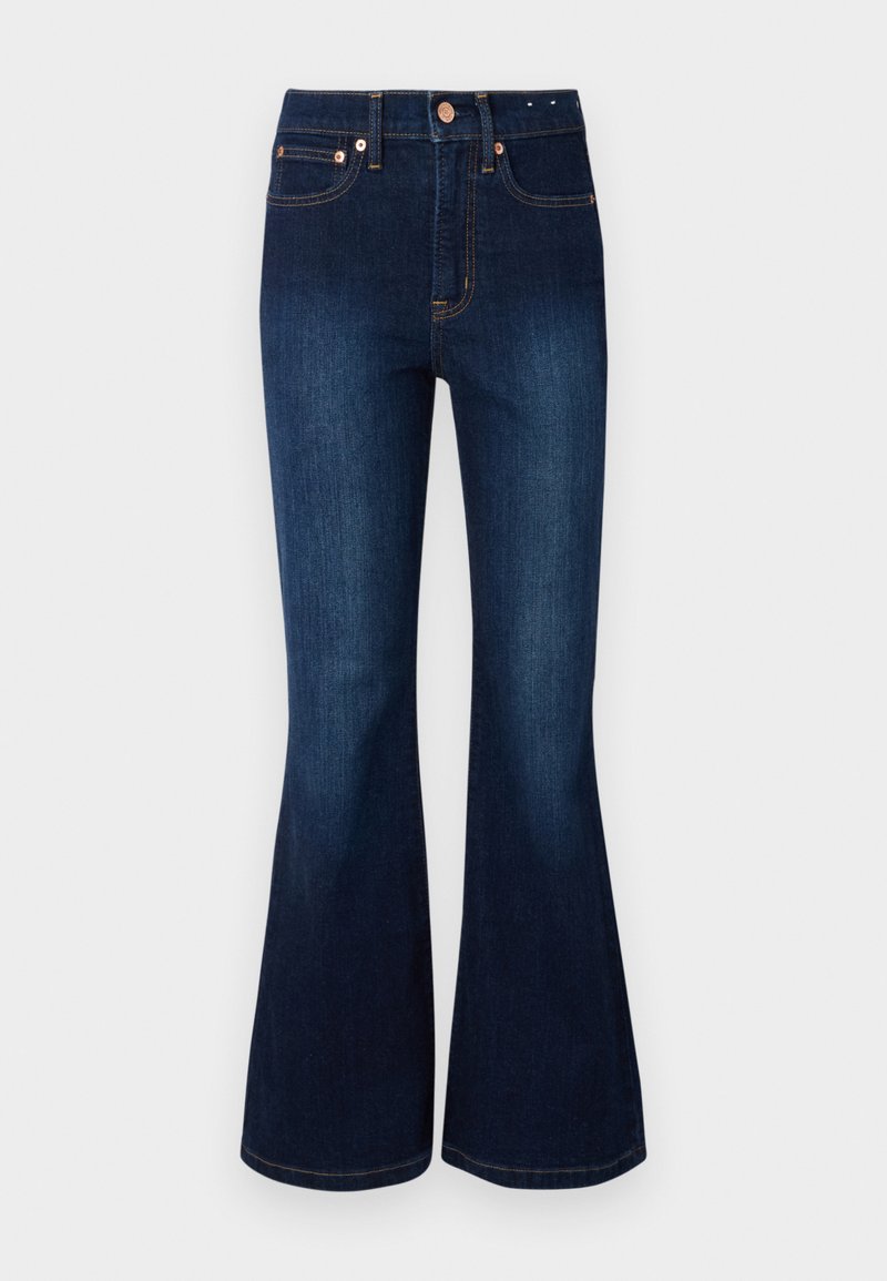 Dunkelblaue Schlagjeans mit hoher Taille, aus Denim gefertigt. Verfügt über kupferfarbene Beschläge und ein klassisches Fünf-Taschen-Design. Glatte Textur.