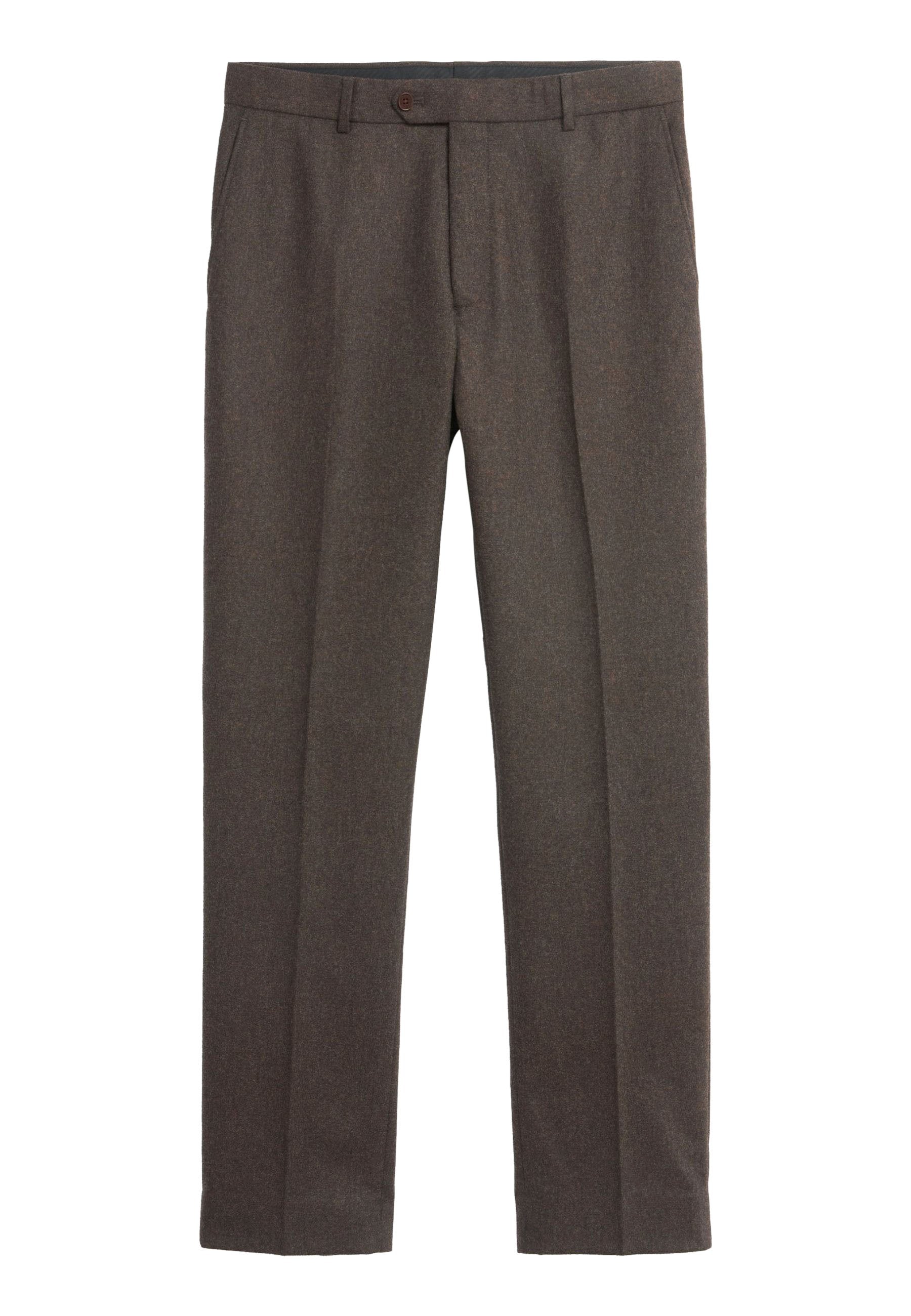Dunkelbraune maßgeschneiderte Hose mit subtiler Textur, flachem Frontdesign und einem einzelnen Knopfverschluss an der Taille. Flacher Bein-Silhouette.