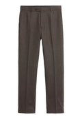 Dunkelbraune maßgeschneiderte Hose mit subtiler Textur, flachem Frontdesign und einem einzelnen Knopfverschluss an der Taille. Flacher Bein-Silhouette.