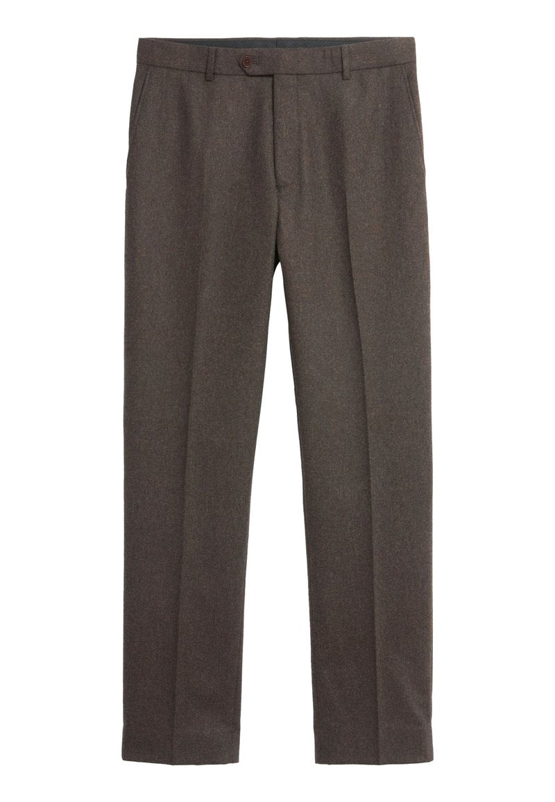 Dunkelbraune maßgeschneiderte Hose mit subtiler Textur, flachem Frontdesign und einem einzelnen Knopfverschluss an der Taille. Flacher Bein-Silhouette.