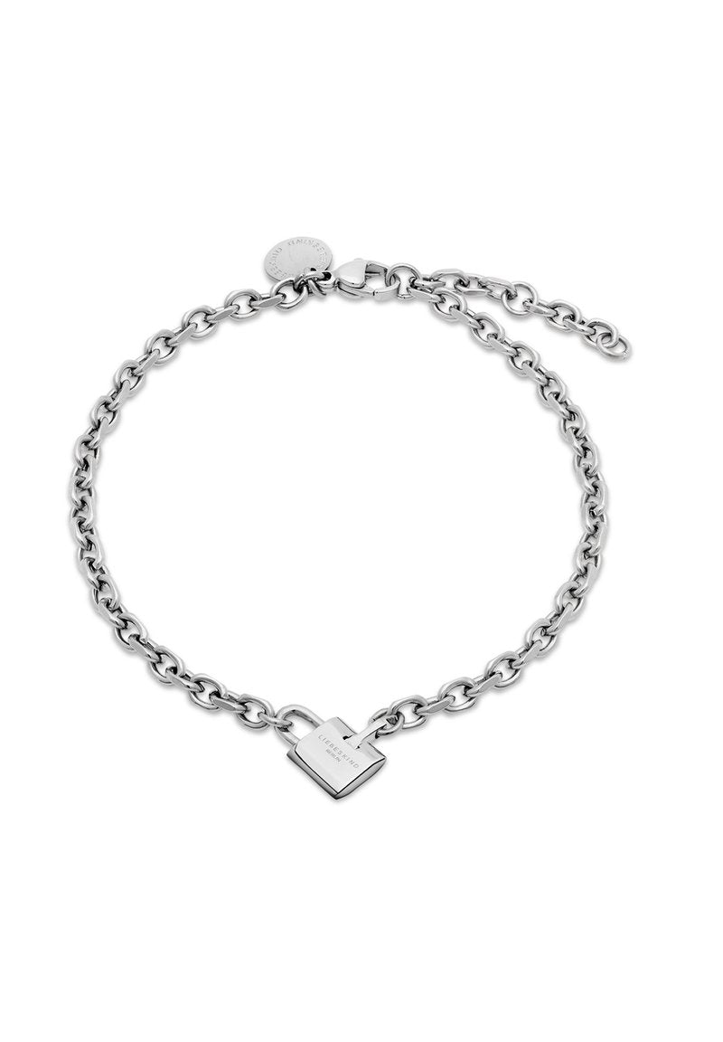 Silberkette Armband mit einem Vorhängeschloss-Anhänger und gravierten Details. Die Glieder sind rund und miteinander verbunden, was ein robustes Design gewährleistet.