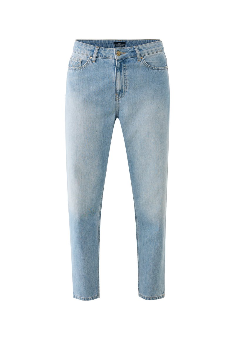 Hellblaue Jeans aus Denim mit geradem Schnitt, fünf Taschen und einem Knopfverschluss. Sie weisen eine leicht ausgewaschene Textur und schlichte Nähdetails auf.