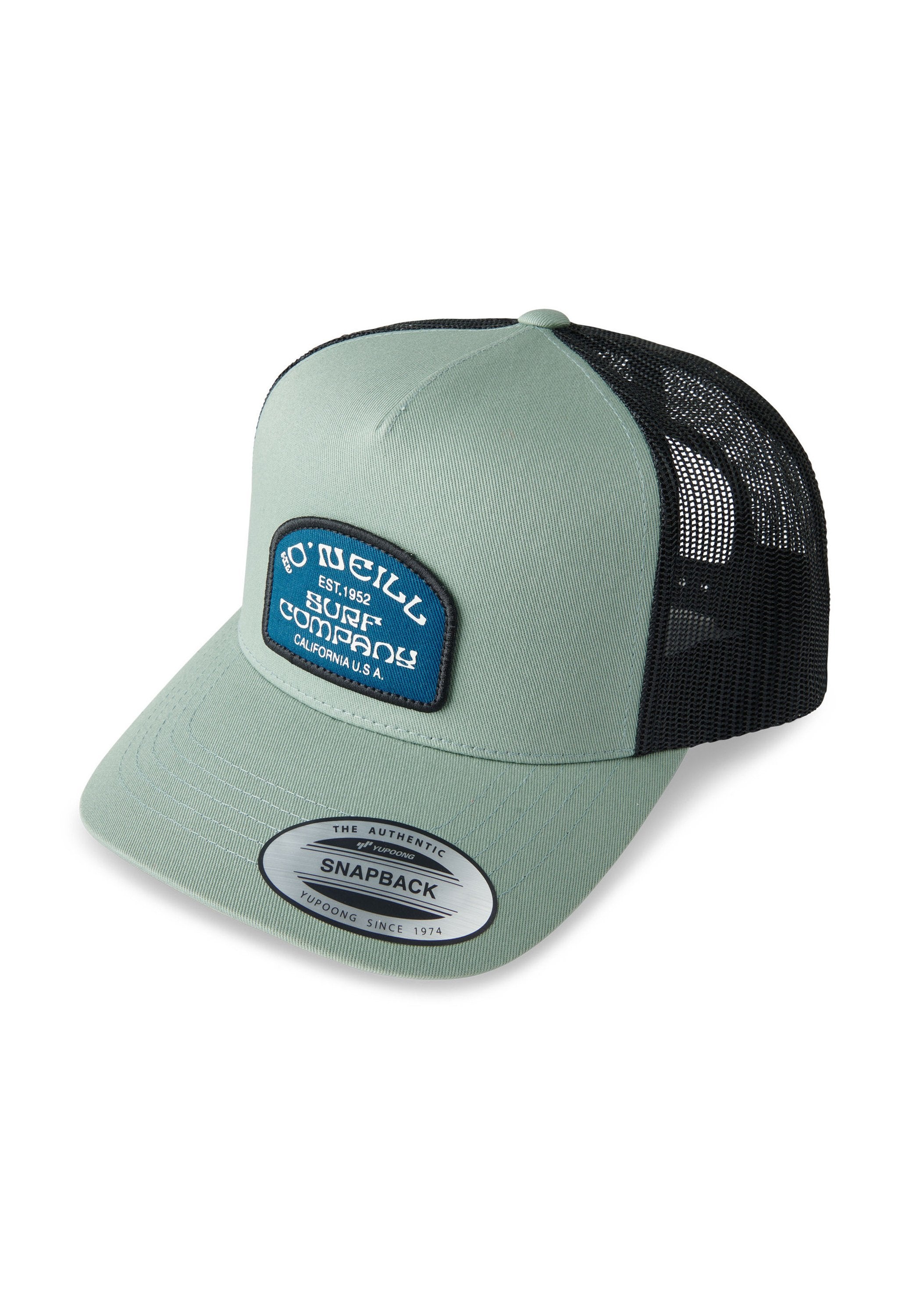 Grüne Snapback-Kappe mit schwarzem Mesh-Rücken, versehen mit einem blauen Aufnäher mit weißem Text "O'Neill Surf Company" und einer runden Logomarke.
