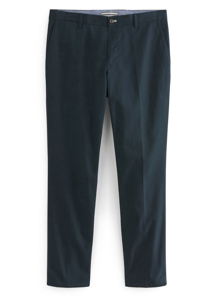 Hosen in Marineblau aus glattem Stoff, mit flachem Vorderteil, Eingrifftaschen und einem Metallknopfverschluss. Tailliertes Design mit geradem Bein.