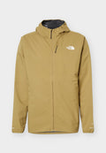 Beige wasserdichte Jacke mit Kapuze, Frontreißverschluss, Brusttasche, elastischen Bündchen und The North Face Logo auf der linken Brust.