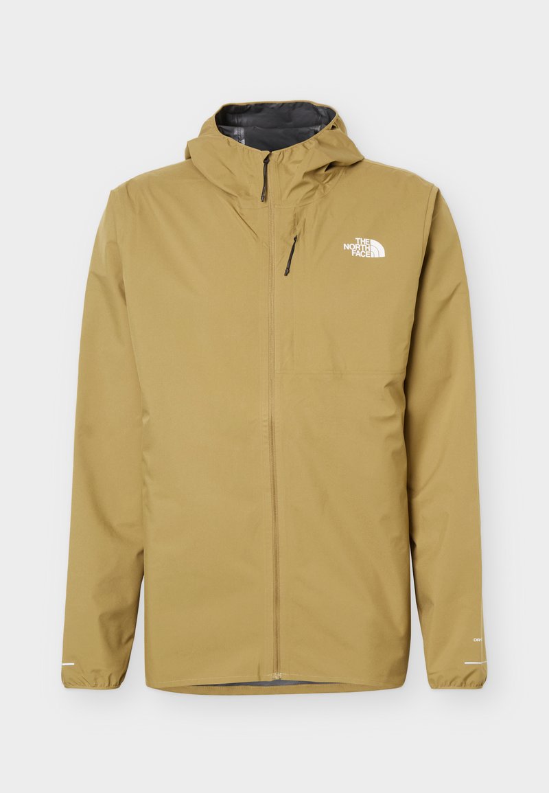 Beige wasserdichte Jacke mit Kapuze, Frontreißverschluss, Brusttasche, elastischen Bündchen und The North Face Logo auf der linken Brust.