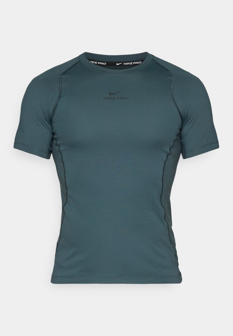 Nike Pro T-Shirt mit kurzen Ärmeln in Dunkeltürkis, aus glattem, dehnbarem Stoff mit einem runden Halsausschnitt und einem unauffälligen Logo-Detail auf der Brust.