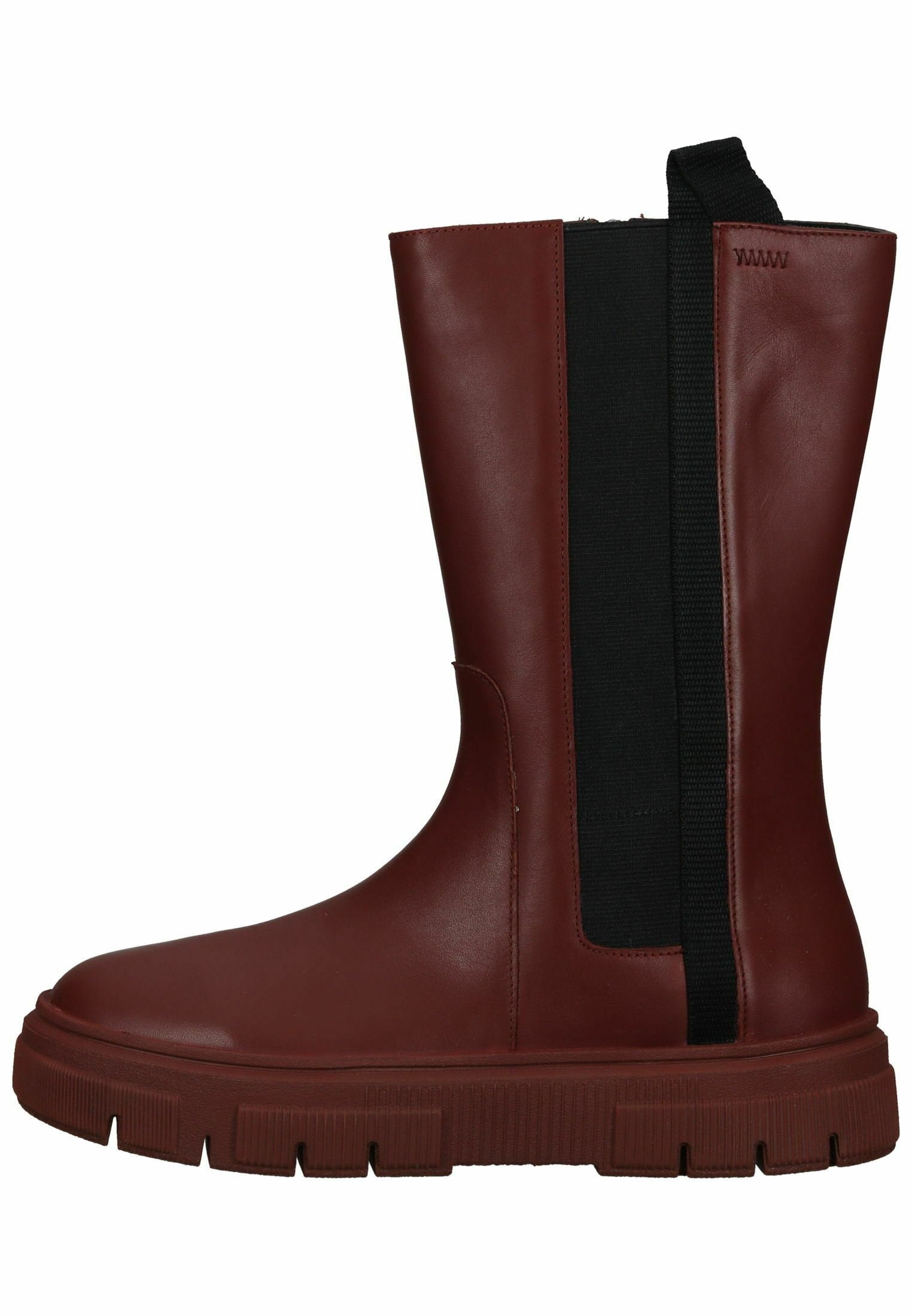 Braunes, wasserdichtes Boot mit glatter Oberfläche, elastischem Seitenpaneel und dicker, strukturierter Sohle. Minimalistisches Design, Höhe bis zur Mitte der Wade.