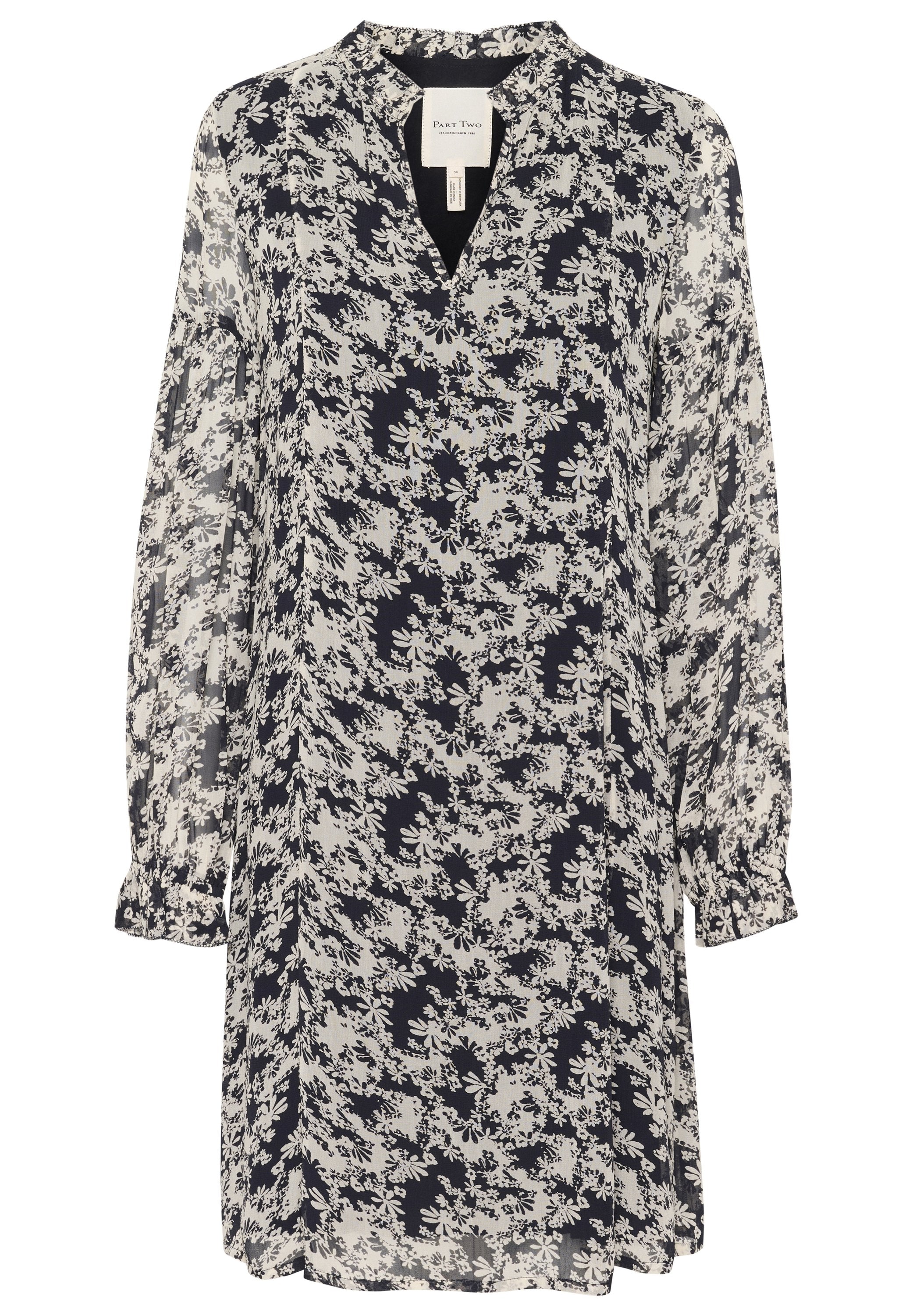 Navyblaues Blumen-Kleid aus leichtem Stoff, mit langen Puffärmeln, einem V-Ausschnitt und einer lockeren Passform, das mit einem weißen Blumenmuster überzogen ist.