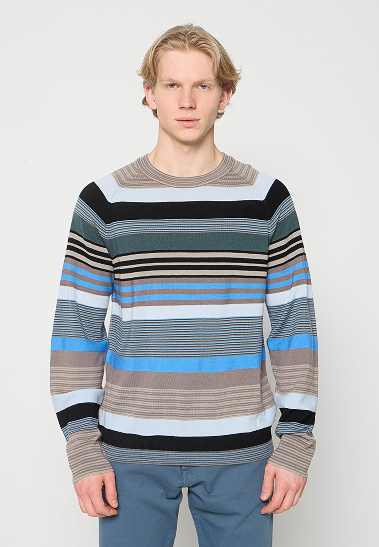 Gestreifter Pullover mit Rundhalsausschnitt und langen Ärmeln in Blau-, Schwarz-, Beige- und Grüntönen. Verfügt über eine strukturierte Strickoptik mit unterschiedlich breiten Streifen.