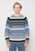 Gestreifter Pullover mit Rundhalsausschnitt und langen Ärmeln in Blau-, Schwarz-, Beige- und Grüntönen. Verfügt über eine strukturierte Strickoptik mit unterschiedlich breiten Streifen.