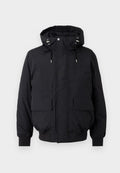 Schwarze Kapuzenjacke mit Reißverschluss, elastischen Bündchen und zwei Vorderaschen. Glattes Material mit einem leichten, gepolsterten Design.