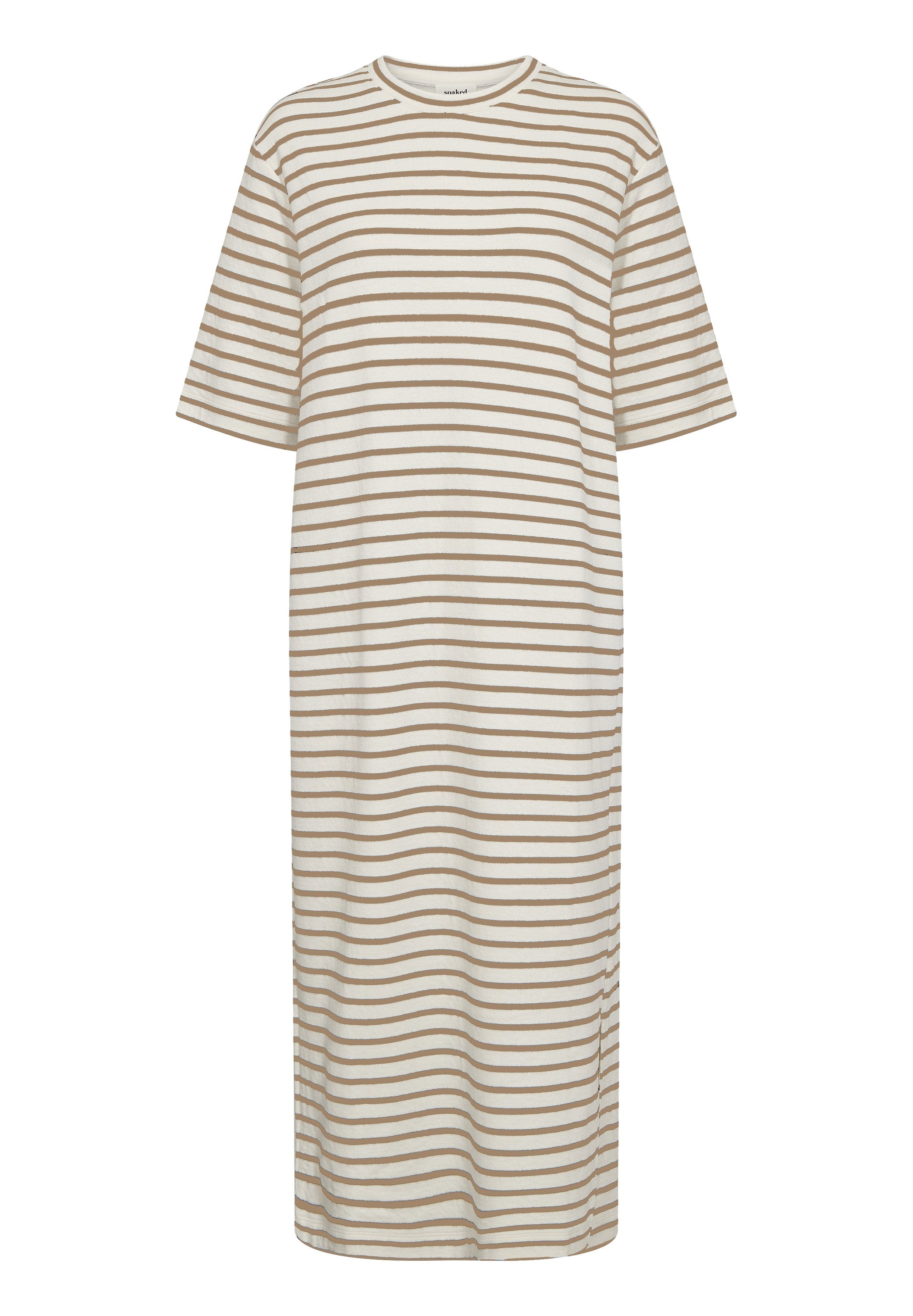 Gestreiftes Baumwoll-Shirtkleid mit horizontalen beige-weißen Streifen, kurzen Ärmeln, rundem Ausschnitt und knielangem Design.