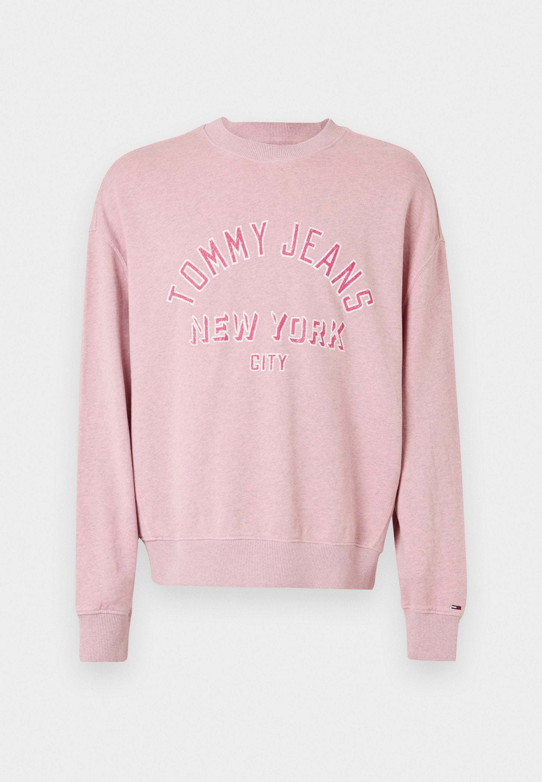 Rosa Sweatshirt aus Baumwollmischung, mit rundem Halsausschnitt, überschnittenen Schultern und einem Logo-Print "TOMMY JEANS NEW YORK CITY" in kontrastierenden Farben.