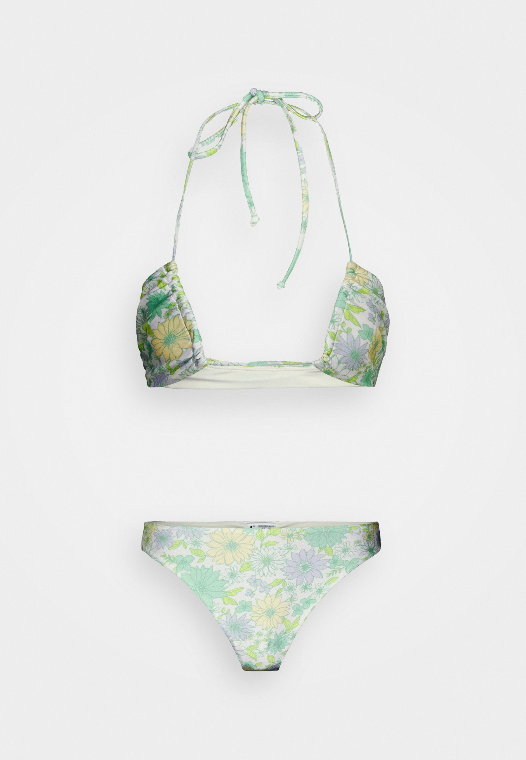 Blumiges Bikini-Set mit einem gebundenen Haltertop und passendem niedrig geschnittenen Bottom. Die Farben umfassen pastellgrün, gelb und lavendel. Weicher Stoff mit glatter Textur.