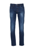 Dunkelblaue Jeans aus Denim mit schlanker Passform, ausgestattet mit Fronttaschen, einem Knopfverschluss und subtilen Abnutzungserscheinungen an den Oberschenkeln.