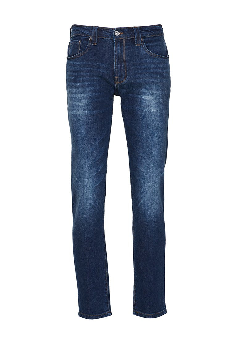 Dunkelblaue Jeans aus Denim mit schlanker Passform, ausgestattet mit Fronttaschen, einem Knopfverschluss und subtilen Abnutzungserscheinungen an den Oberschenkeln.