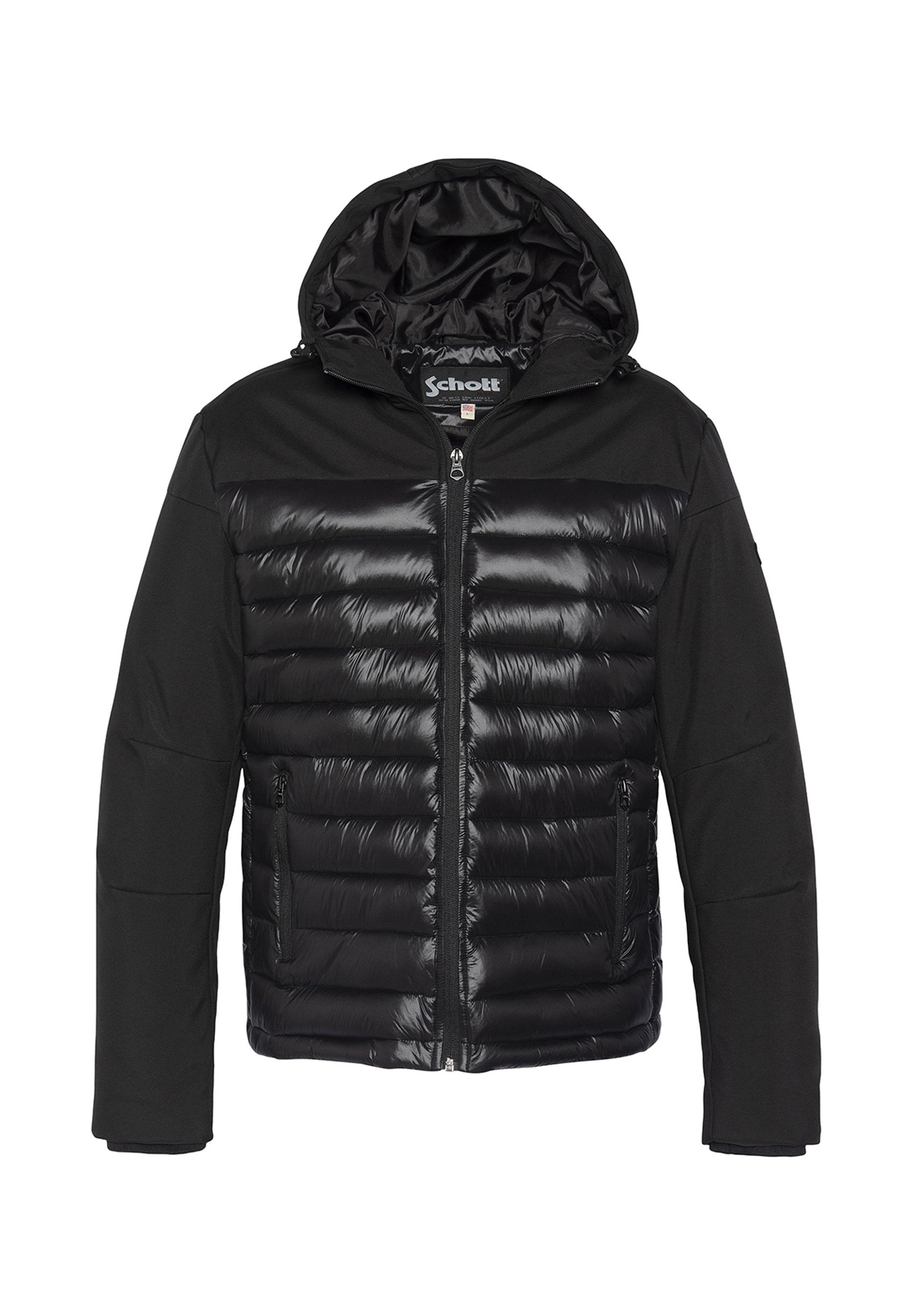Schwarze Steppjacke mit Reißverschluss, mit Kapuze, gesteppter Textur auf der Vorderseite und glattem Stoff an Ärmeln und Rücken.