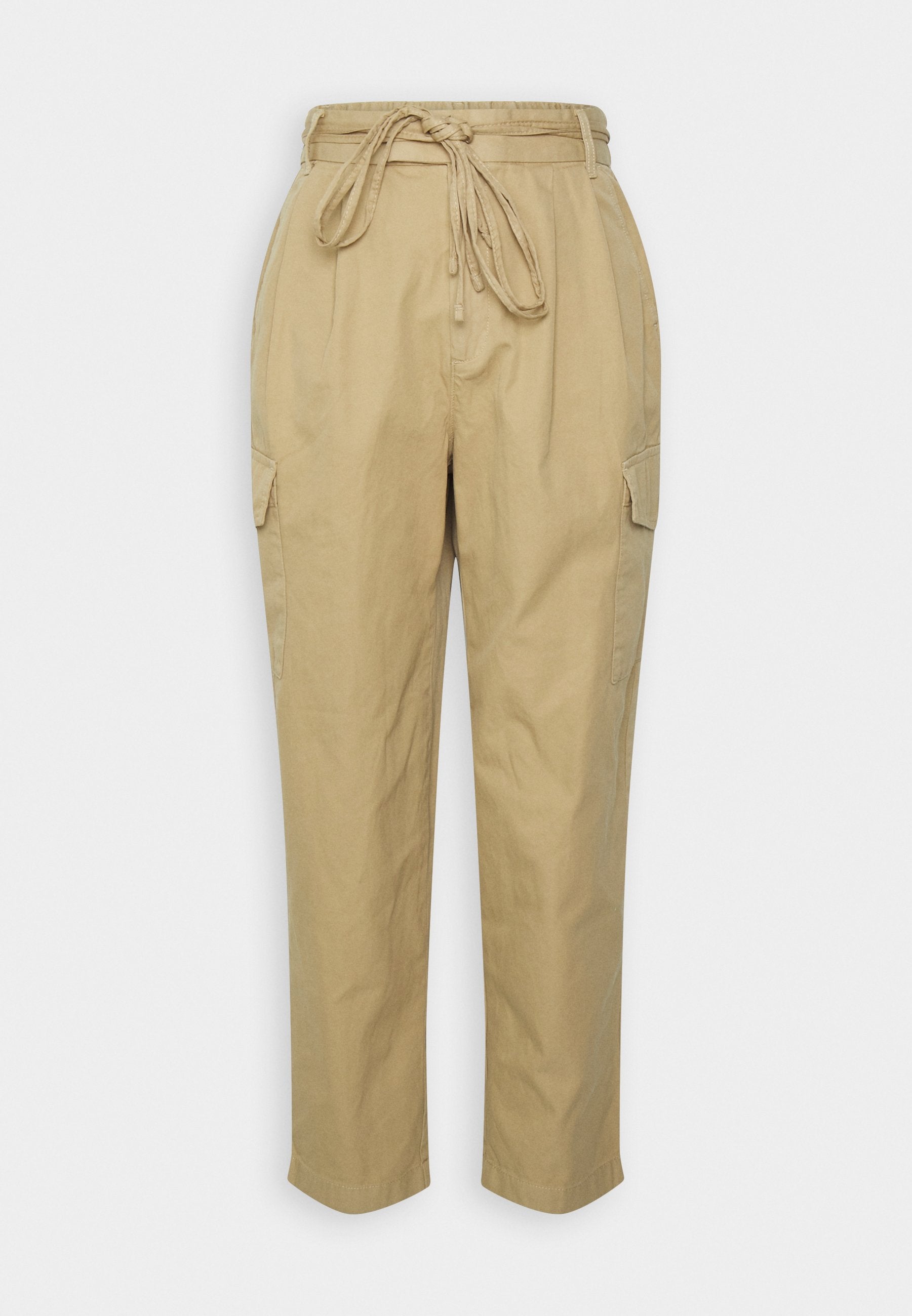 Khaki Cargo-Hosen mit Kordelzugbund, Seitentaschen und entspannter Passform. Hergestellt aus leichtem Material und mit einfachen Nahtdetails versehen.