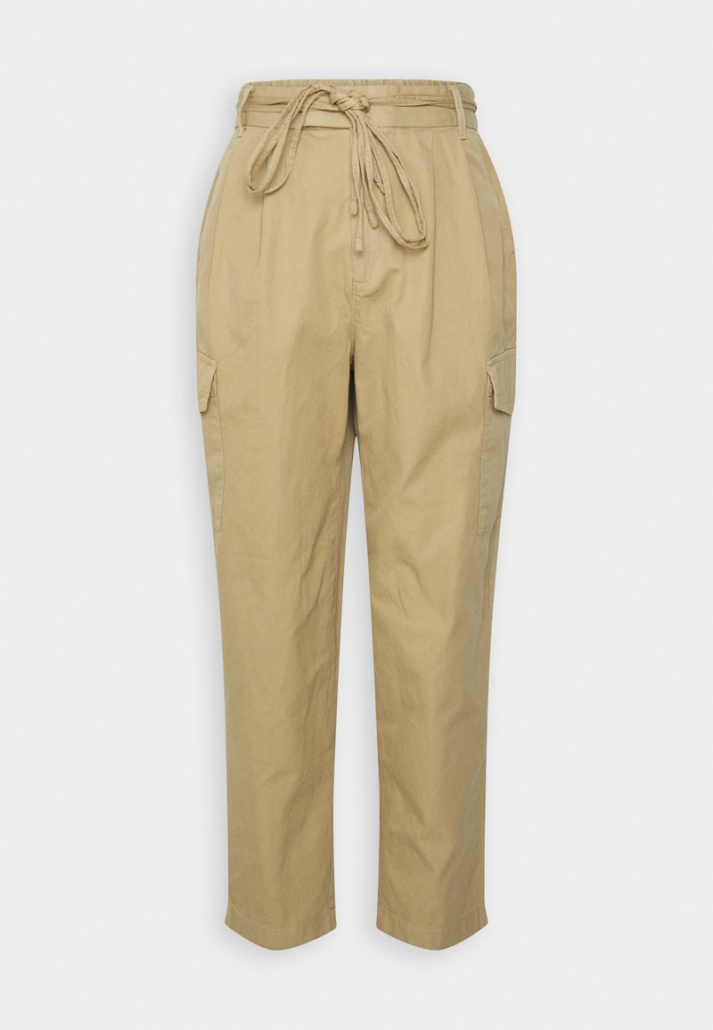 Khaki Cargo-Hosen mit Kordelzugbund, Seitentaschen und entspannter Passform. Hergestellt aus leichtem Material und mit einfachen Nahtdetails versehen.