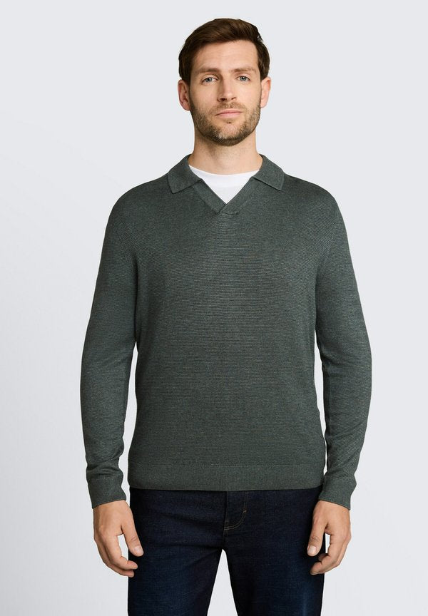 TOM TAILOR SOFT KNIT POLO - Long sleeved top - darkest olive melange