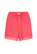 Leichte rosa Shorts mit elastischem Bund und Kordelzug. Verfügt über eine Spitzenborte am Saum und einen strukturierten Stoff.