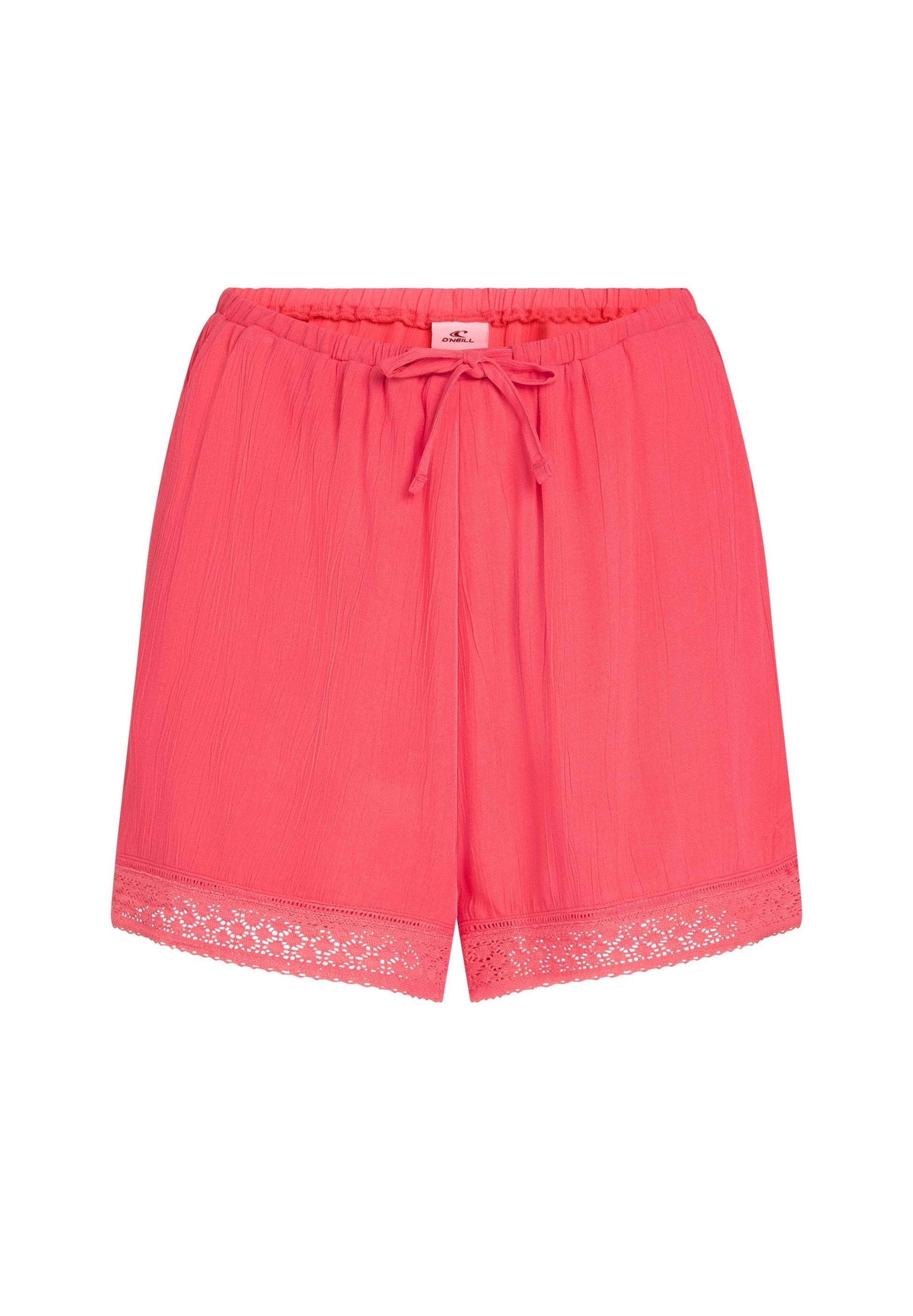 Leichte rosa Shorts mit elastischem Bund und Kordelzug. Verfügt über eine Spitzenborte am Saum und einen strukturierten Stoff.