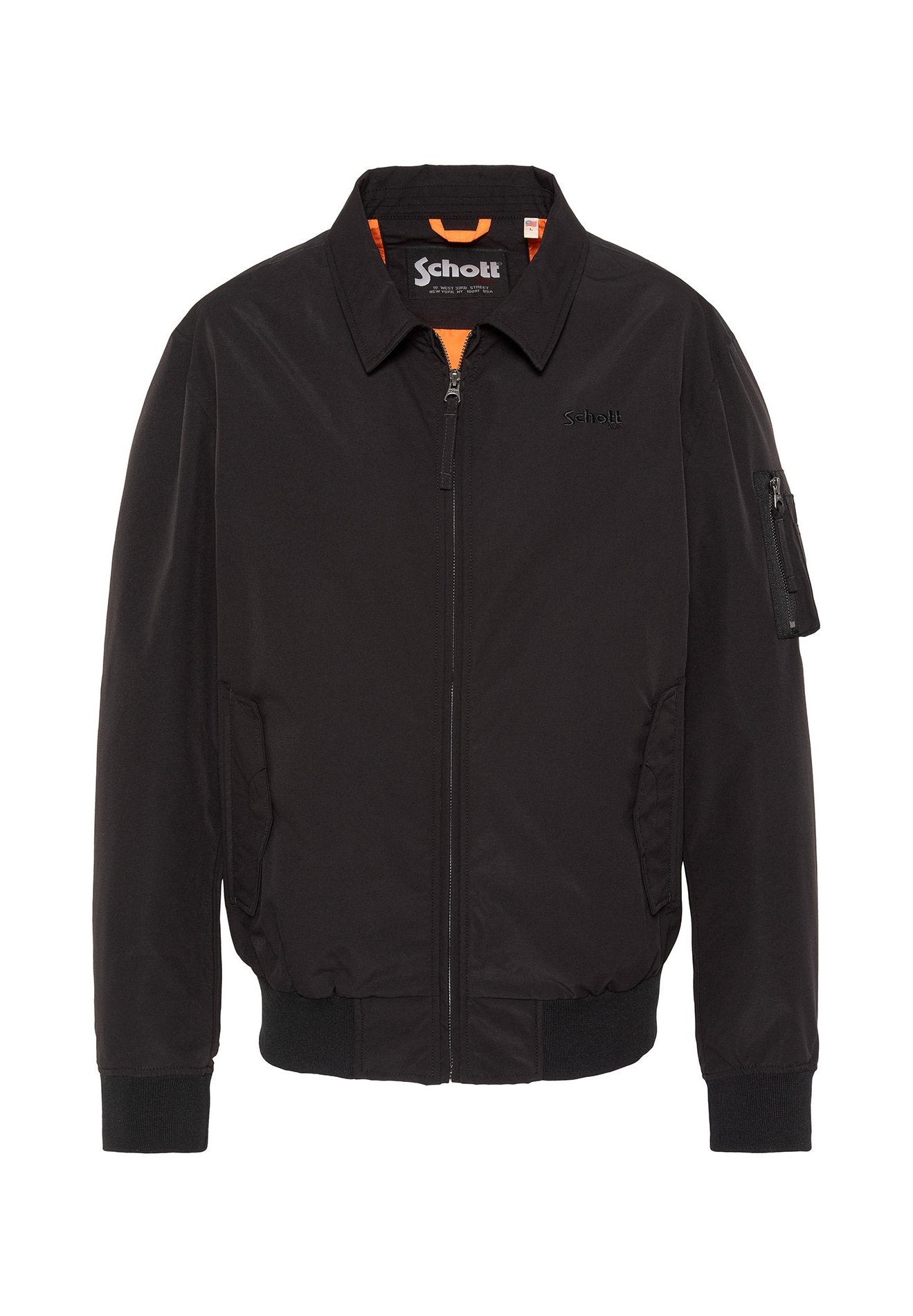 Schwarze Bomberjacke mit Reißverschluss, gerippten Bündchen und Saum, Seitentaschen, Reißverschlusstasche am Ärmel und orangefarbenem Innenfutter.