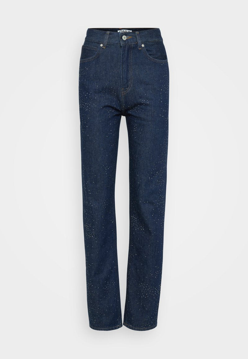 Dunkelblaue Jeans aus Denim mit geraden Beinen, die mit einem dezenten Glitzerelement, fünf Taschen und einem klassischen Knopfverschluss ausgestattet sind.