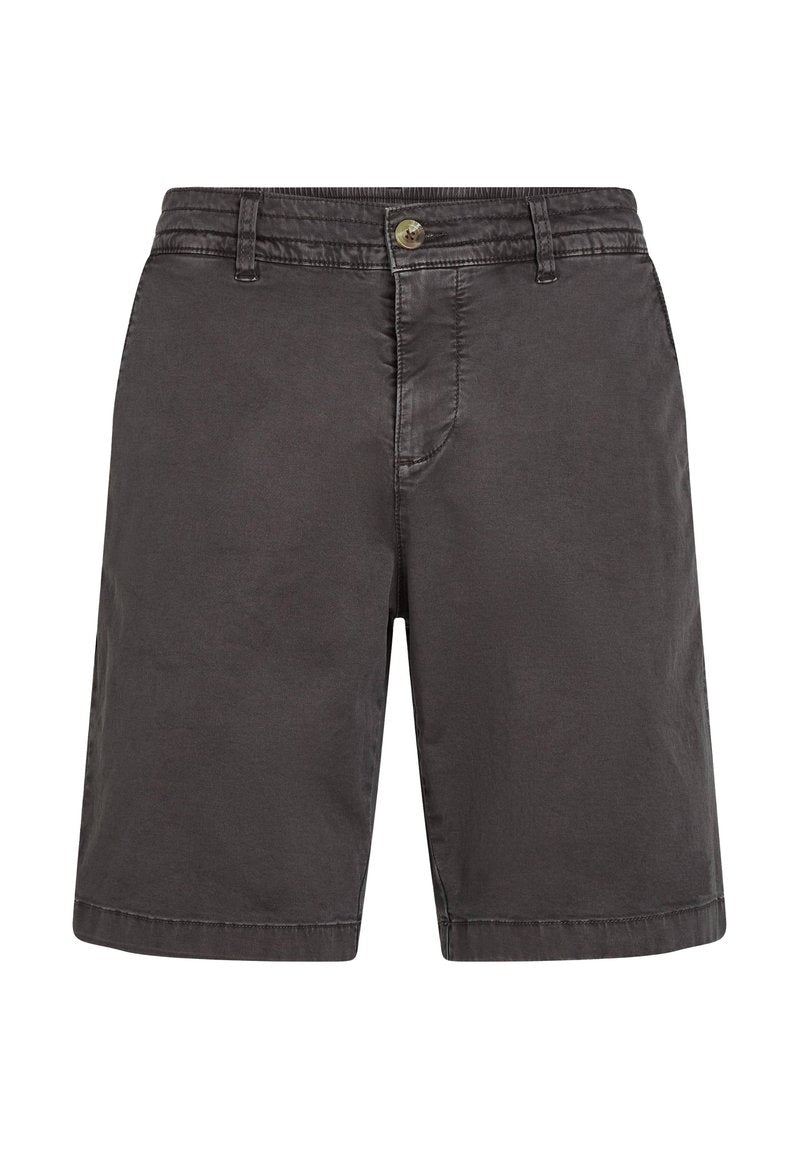 Dunkelgraue Shorts aus leichtem Material. Mit Knopfverschluss, Gürtelschlaufen und genähten Details. Knielanger Schnitt mit glatter Textur.