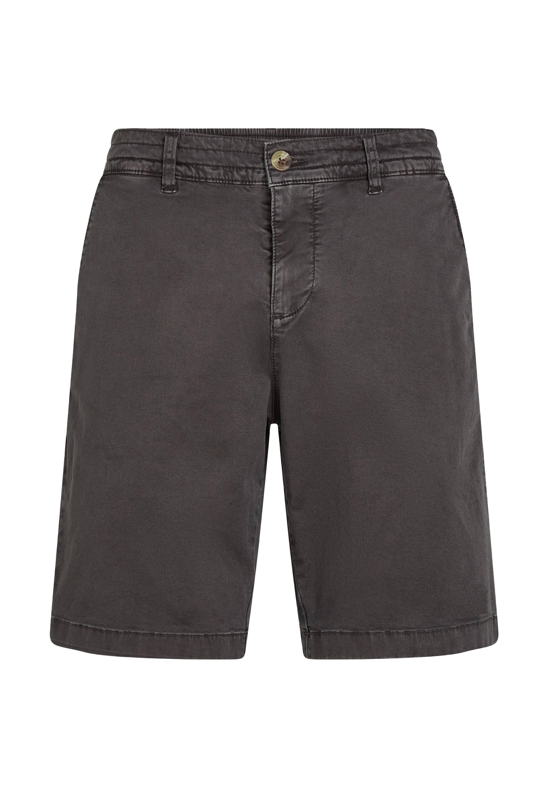Dunkelgraue Shorts aus leichtem Material. Mit Knopfverschluss, Gürtelschlaufen und genähten Details. Knielanger Schnitt mit glatter Textur.