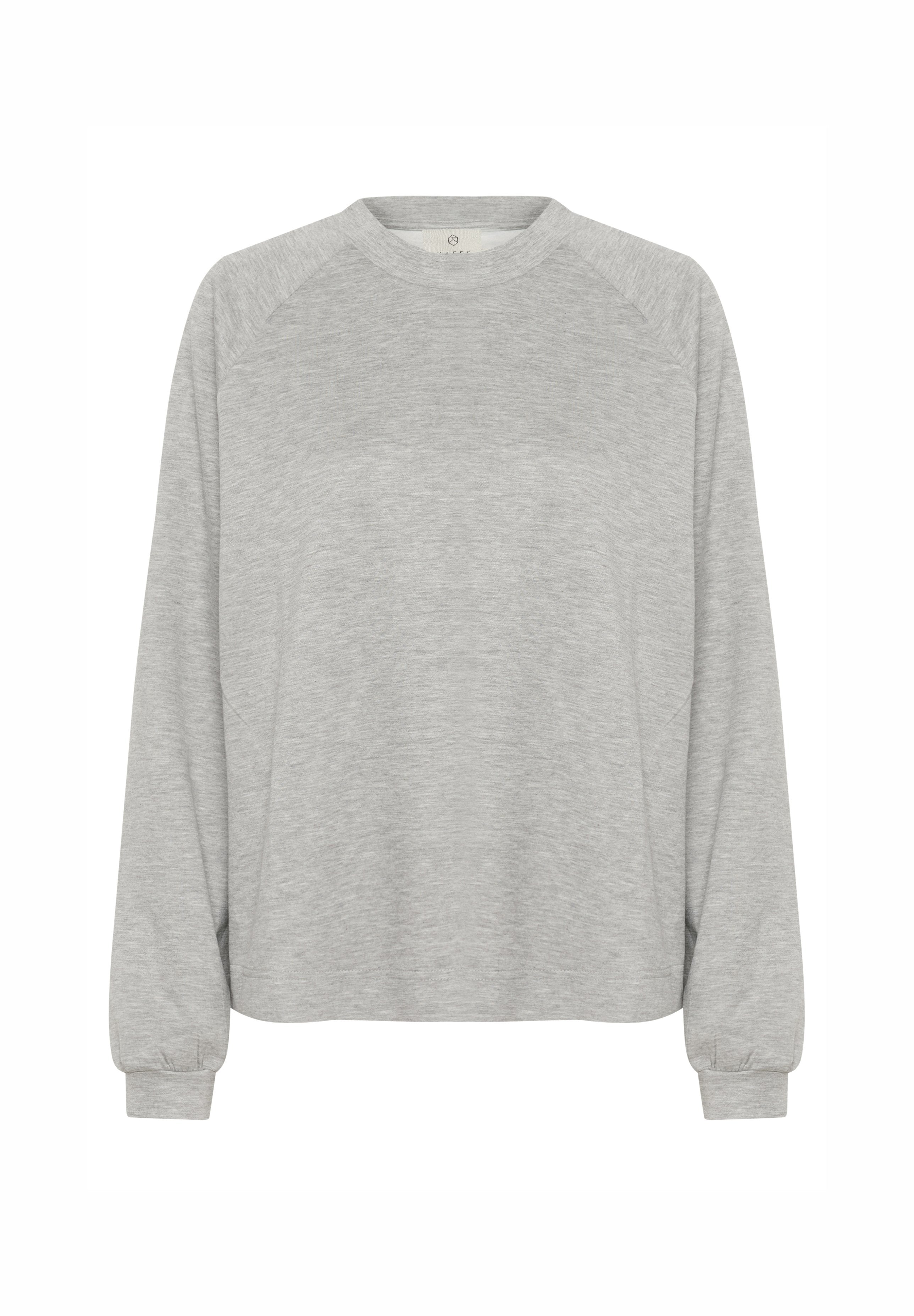 Grauer Langarm-Sweatshirt mit Rundhalsausschnitt, Raglanärmeln und gerippten Bündchen, aus weichem Baumwollstoff mit glatter Textur.
