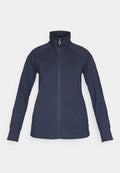 Marineblaue Fleecejacke mit langen Ärmeln, durchgehendem Frontreißverschluss und hohem Kragen, flach auf weißem Hintergrund liegend.