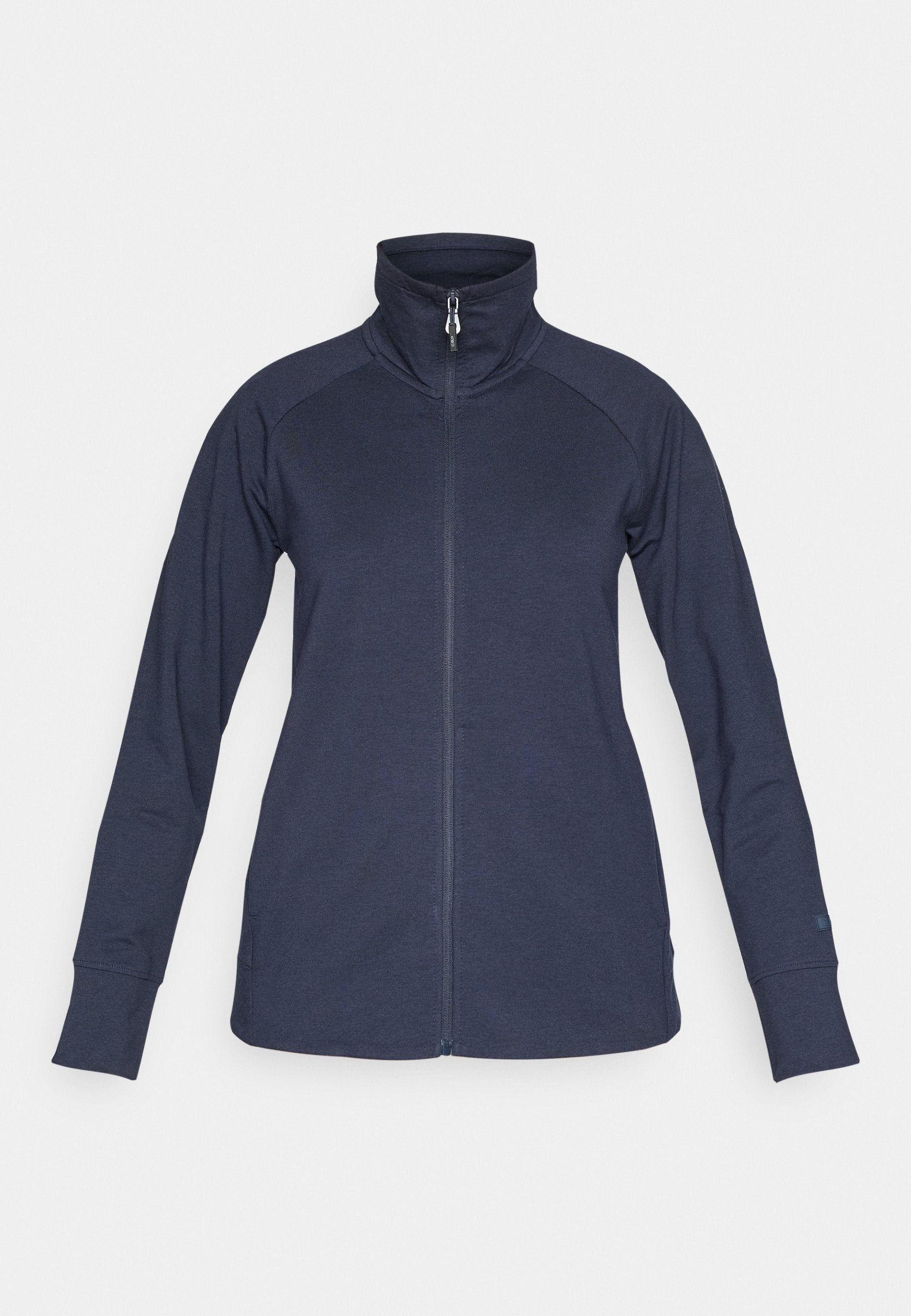 Marineblaue Fleecejacke mit langen Ärmeln, durchgehendem Frontreißverschluss und hohem Kragen, flach auf weißem Hintergrund liegend.