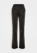 Schwarze, ausgestellte Hosen aus einem strukturierten, glitzernden Stoff. Sie verfügen über einen taillierten Bund und Seitentaschen, mit einer glatten Silhouette bis zum Saum.