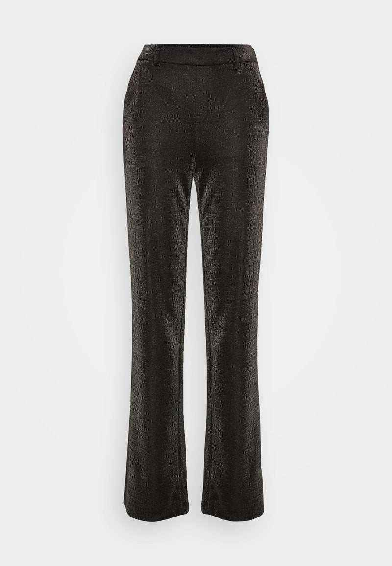 Schwarze, ausgestellte Hosen aus einem strukturierten, glitzernden Stoff. Sie verfügen über einen taillierten Bund und Seitentaschen, mit einer glatten Silhouette bis zum Saum.
