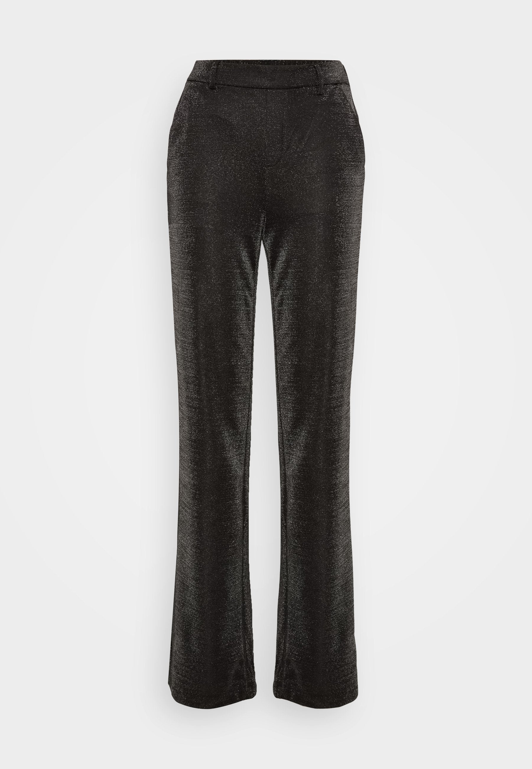 Schwarze, ausgestellte Hosen aus einem strukturierten, glitzernden Stoff. Sie verfügen über einen taillierten Bund und Seitentaschen, mit einer glatten Silhouette bis zum Saum.