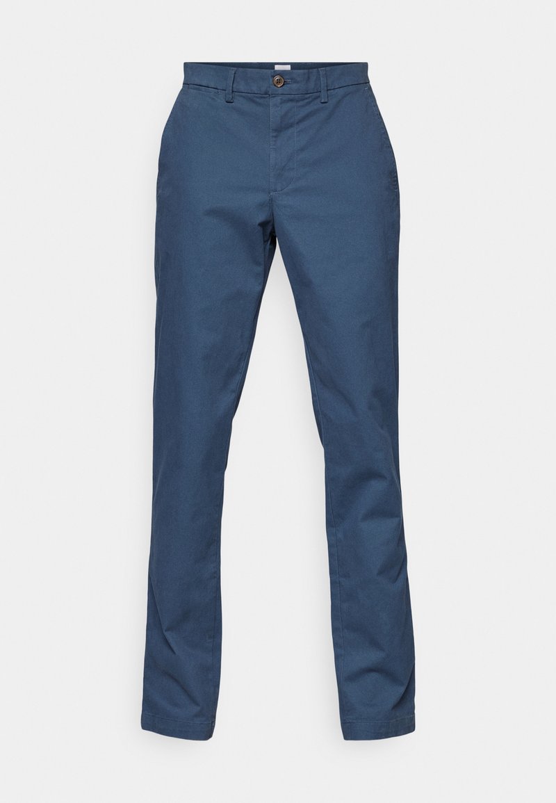 Marineblaue Baumwollchinos mit Knopfverschluss, Seitentaschen und geradem Bein. Glatte Textur und minimale Nähedetails.
