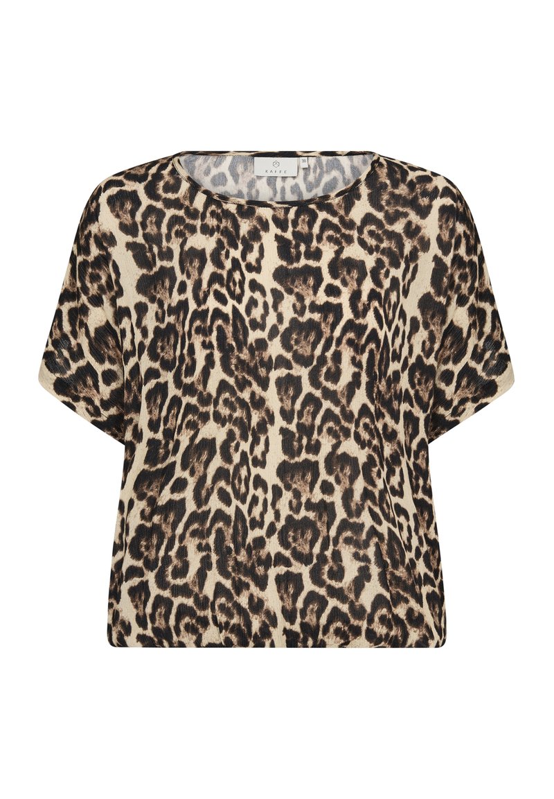 Leopardenmuster T-Shirt mit kurzen Ärmeln aus weichem Stoff. Verfügt über einen runden Ausschnitt und eine lockere Passform. Grundfarbe ist Beige mit dunklen braunen Flecken.
