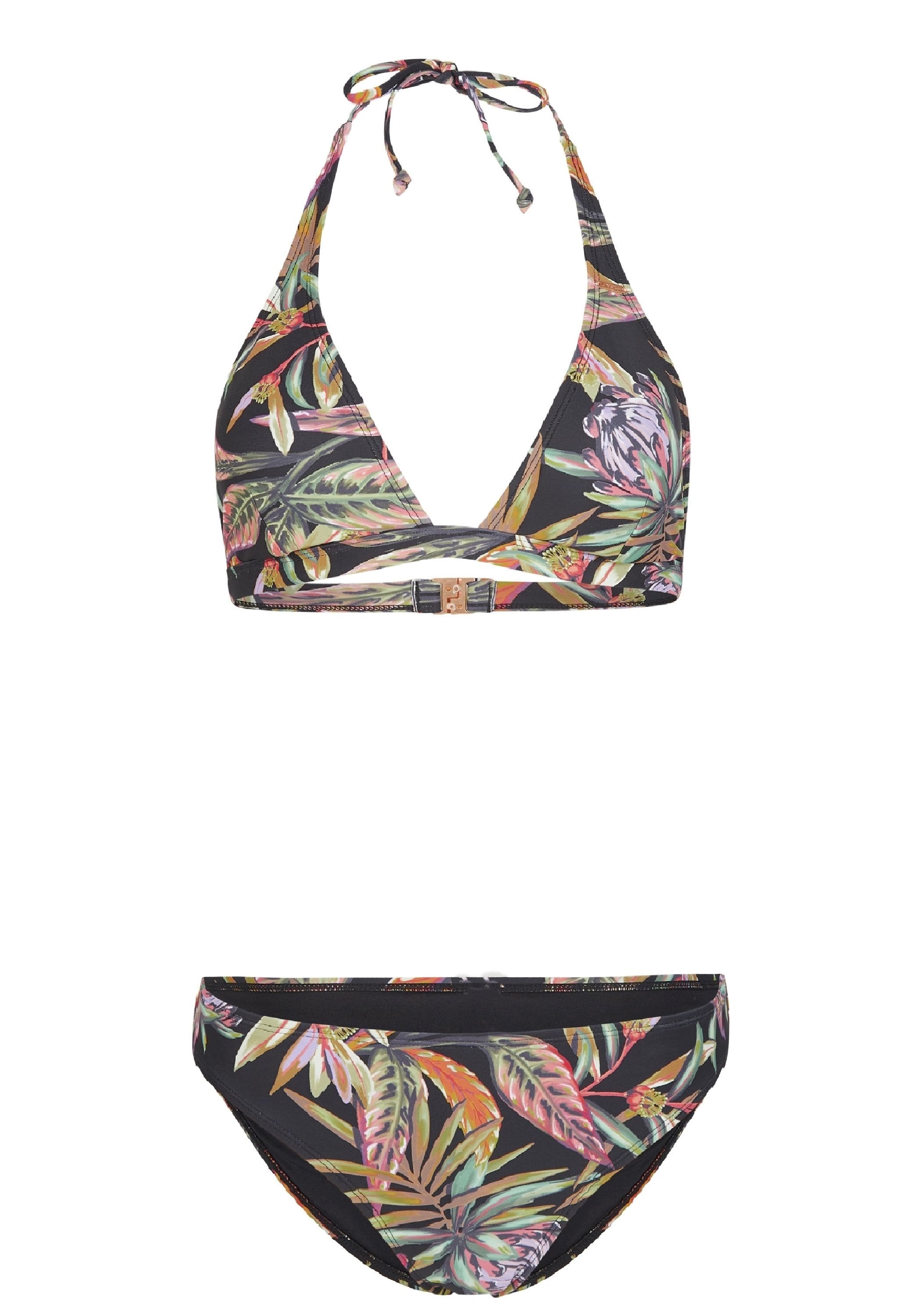 Bikini-Set mit schwarzem Grundton, das bunte tropische Blattmuster zeigt. Das Oberteil hat ein Halterneck-Design mit einem Verschluss am Rücken; der Slip ist passend.