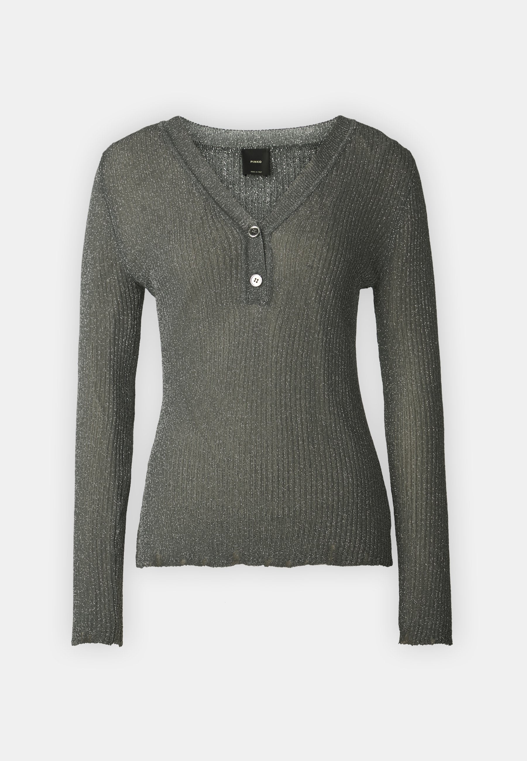 Langärmliger V-Ausschnitt-Pullover in Dunkelgrau mit gerippter Textur und einem einzelnen Knopfakzent am Ausschnitt. Weiches, leichtes Material.