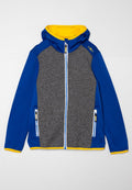 Blaue und graue Zip-Jacke mit Kapuze, ausgestattet mit gelber Innenverkleidung und zwei vorderen Zipper-Taschen. Hergestellt aus einem glatten, leichten Material.