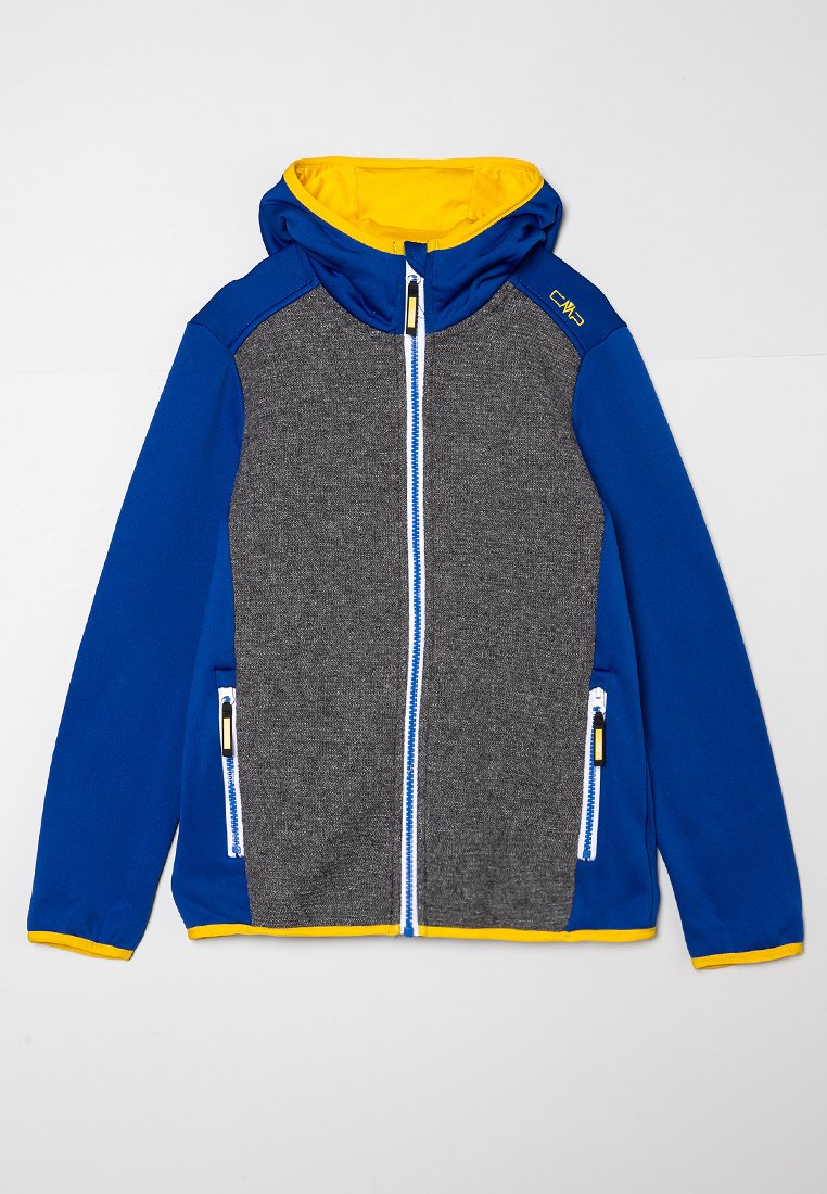 Blaue und graue Zip-Jacke mit Kapuze, ausgestattet mit gelber Innenverkleidung und zwei vorderen Zipper-Taschen. Hergestellt aus einem glatten, leichten Material.