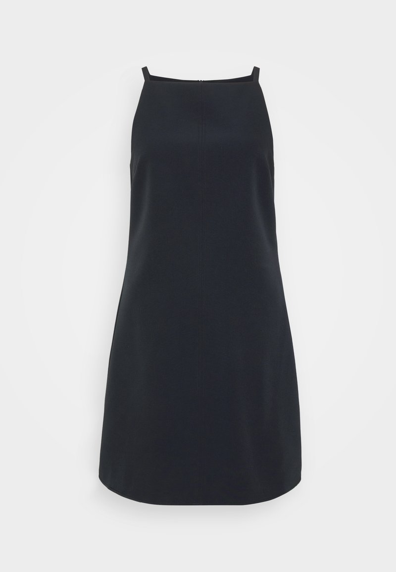 Schwarzes ärmelloses Kleid mit geradem Ausschnitt, taillierter Silhouette und knielangem Saum. Hergestellt aus glattem Stoff mit minimalen Details.