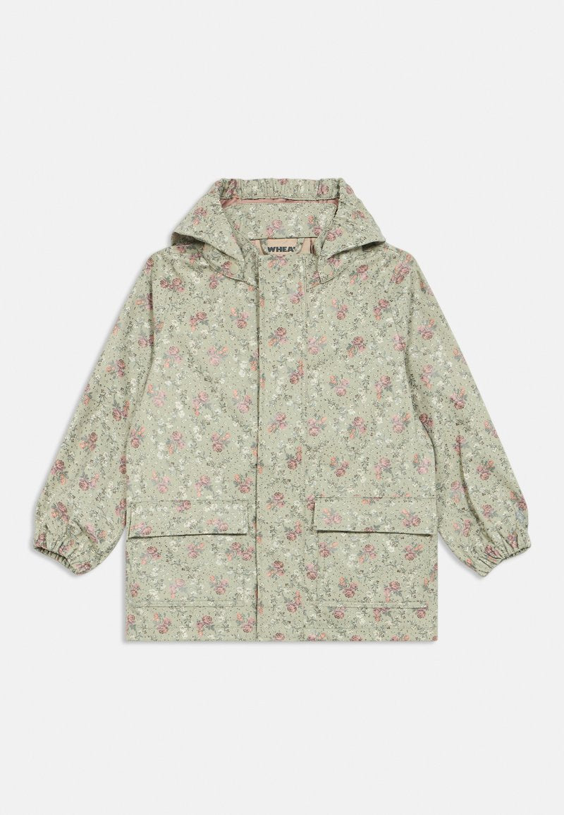 Leichte, mit Kapuze versehene Regenjacke in zartem Grün mit einem floralen Muster in Pink und Weiß. Sie verfügt über elastische Bündchen und zwei frontale Taschen.
