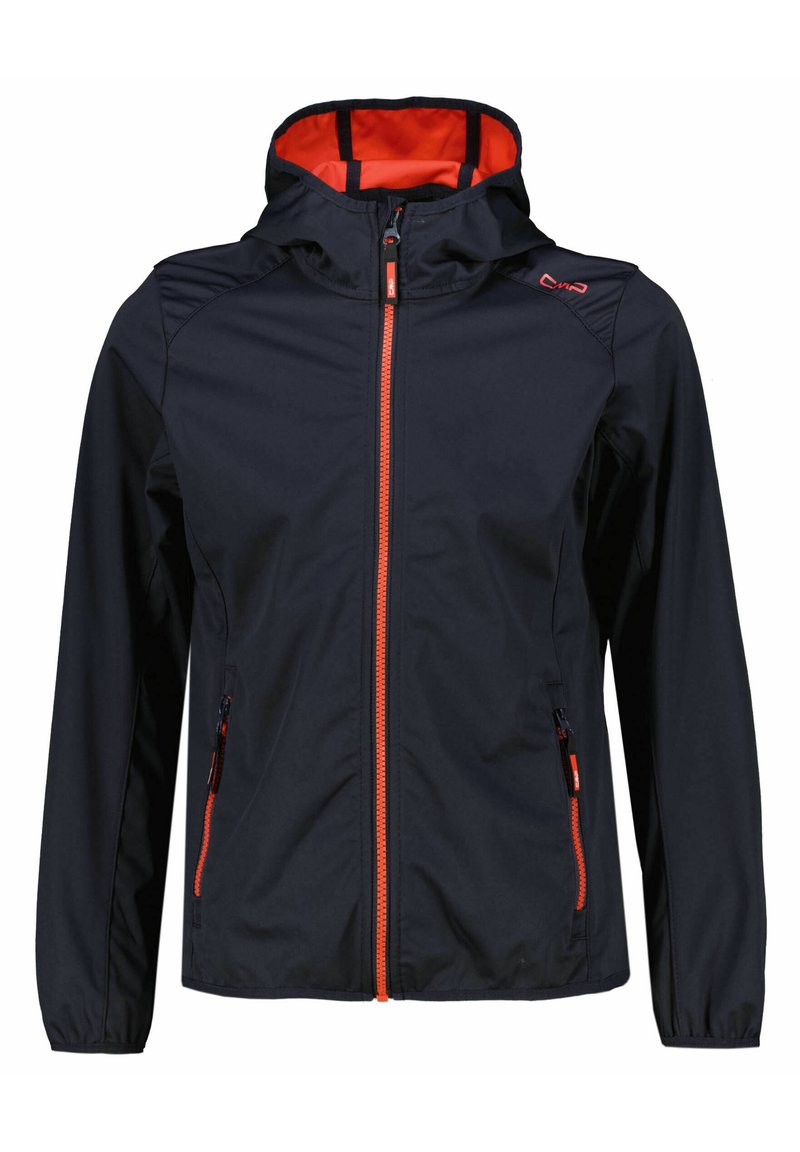 Schwarze wasserdichte Jacke mit orangefarbenen Akzenten, Kapuze, Frontreißverschluss und Seitentaschen. Verfügt über eine glatte Textur und einen taillierten Schnitt.