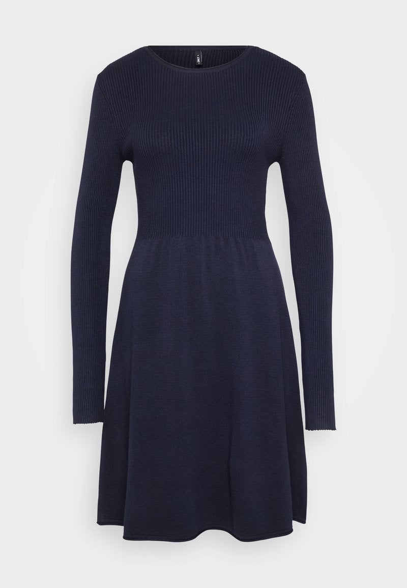 Marineblaues Strickkleid mit langen Ärmeln, gerippter Textur am Oberteil, ausgestellt Rock und rundem Ausschnitt. Weicher und dehnbarer Stoff.