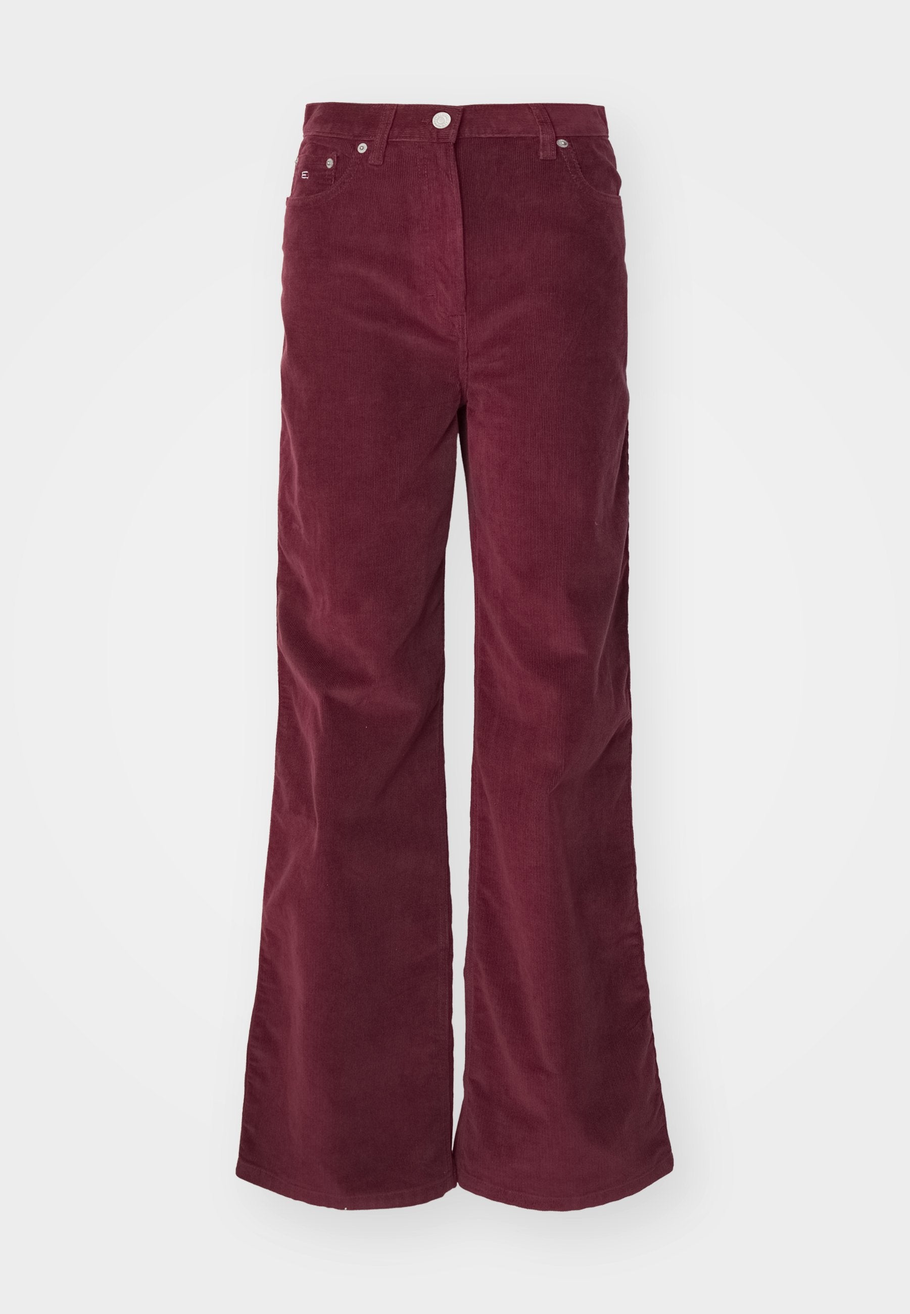 Burgunderfarbene Corduroy-Hosen mit weitem Bein, sichtbaren Nähten, Fünf-Taschen-Design und einem vorderen Knopfverschluss. Weicher Stoff und hohe Taille.