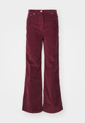 Burgunderfarbene Corduroy-Hosen mit weitem Bein, sichtbaren Nähten, Fünf-Taschen-Design und einem vorderen Knopfverschluss. Weicher Stoff und hohe Taille.