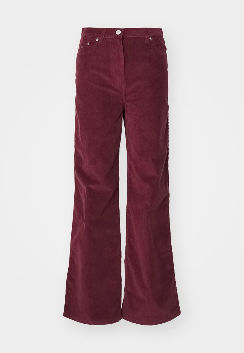 Burgunderfarbene Corduroy-Hosen mit weitem Bein, sichtbaren Nähten, Fünf-Taschen-Design und einem vorderen Knopfverschluss. Weicher Stoff und hohe Taille.